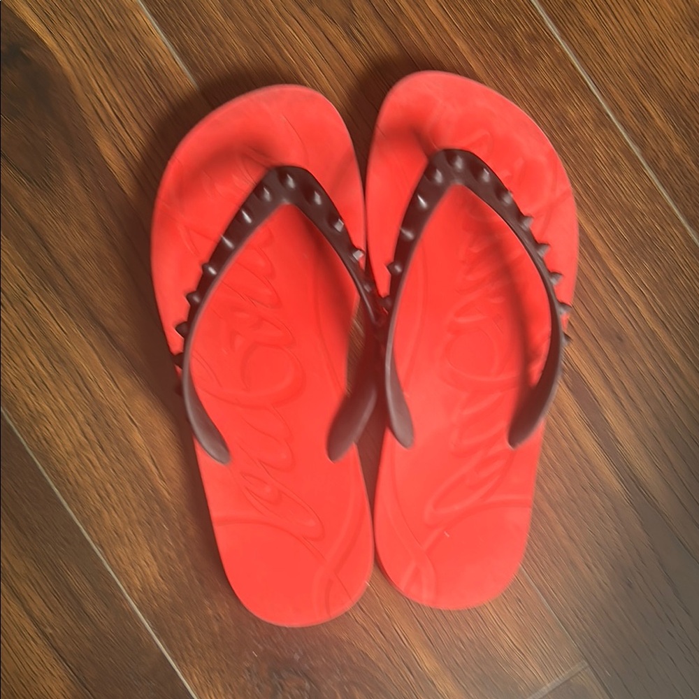 Christian Louboutin Red Flip Flops with Brown Studded Straps